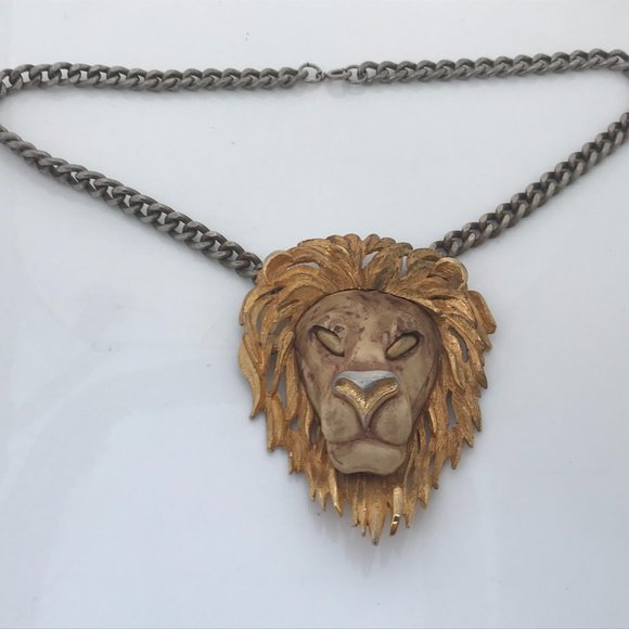 Vintage Necklace Men Jewelry Loin Face Gold Tone M - Picture 3 of 9